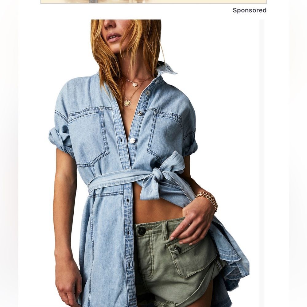 FREE PEOPLE Cotton Jenny‎ Denim Tie-Waist Tunic, Size XSMALL - Picture 4 of 15
